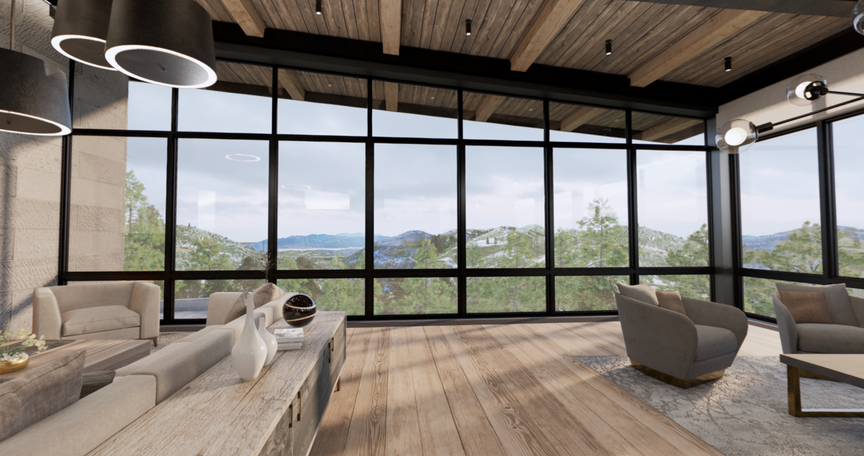 A living room with a lot of windows and furniture.