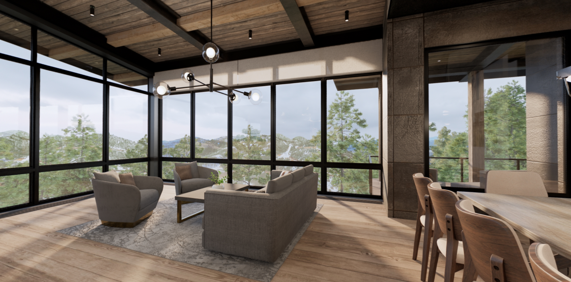 A living room with a couch , chairs , a table and a lot of windows.