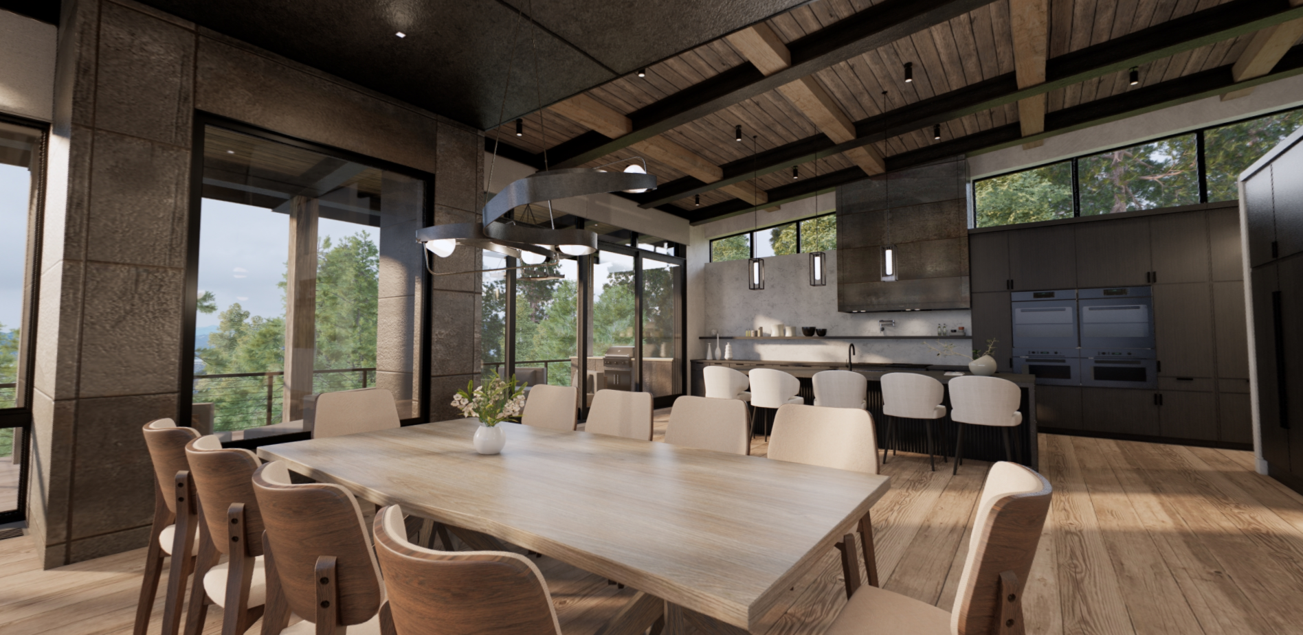 A dining room with a long table and chairs and a kitchen.