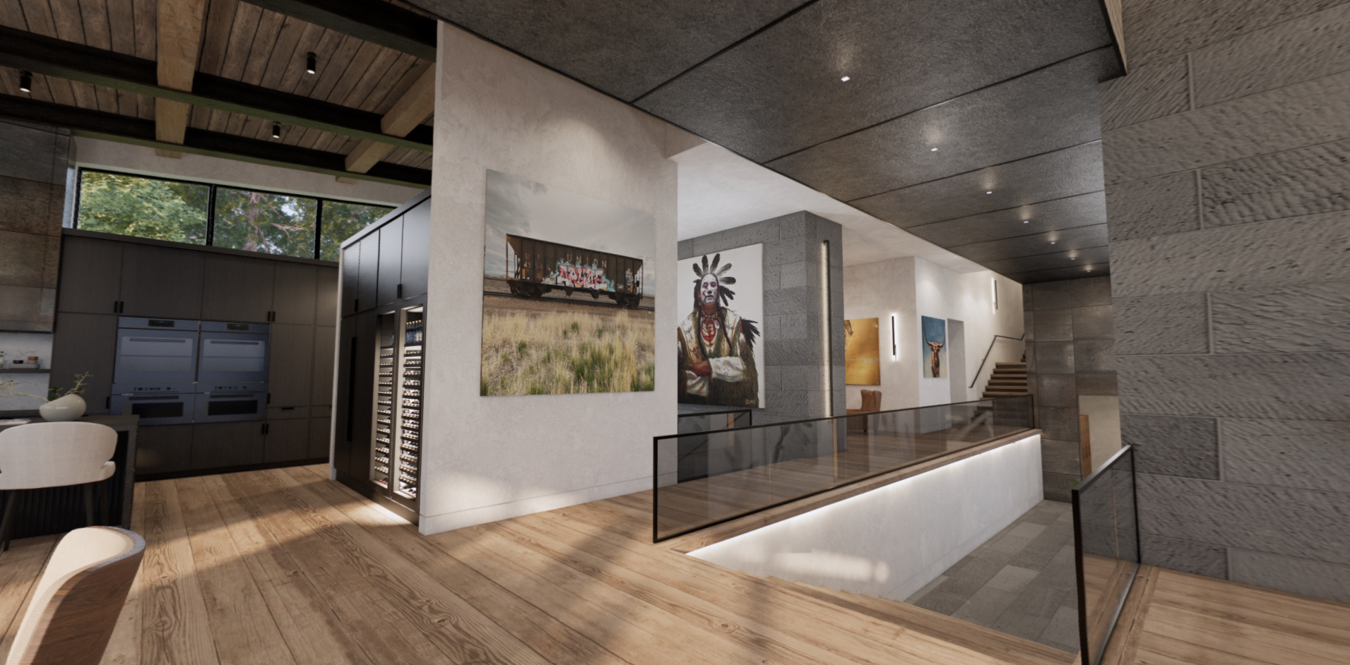 An artist 's impression of a modern house with a staircase leading to the second floor.