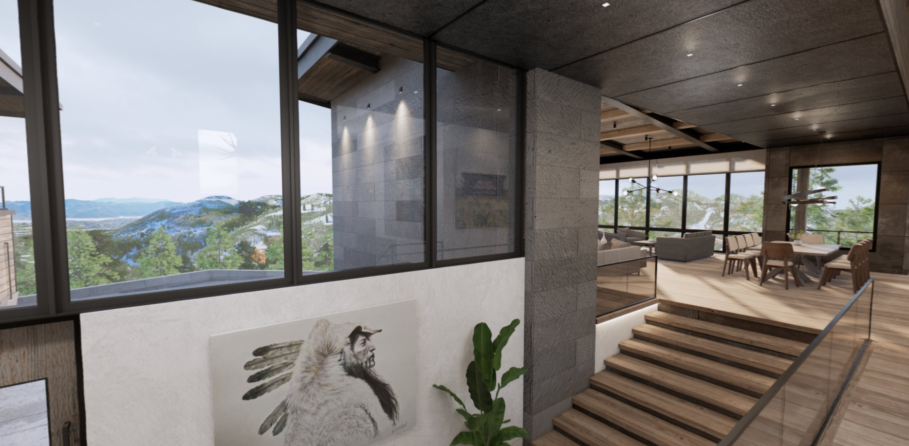 An artist 's impression of a modern house with stairs leading up to the second floor.