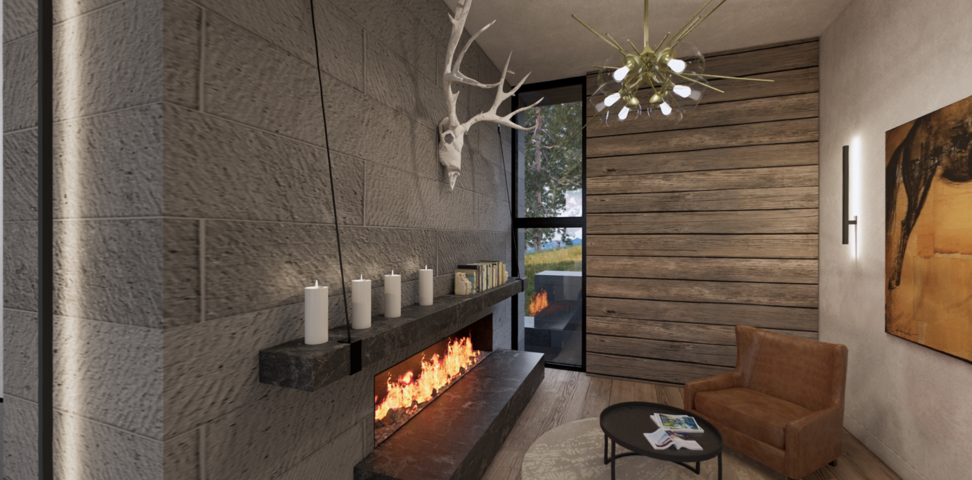 A living room with a fireplace and a deer head on the wall.