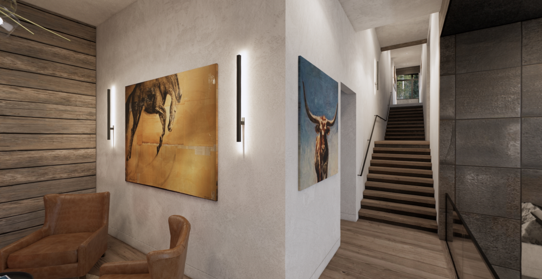 A hallway with stairs and a painting of a horse on the wall