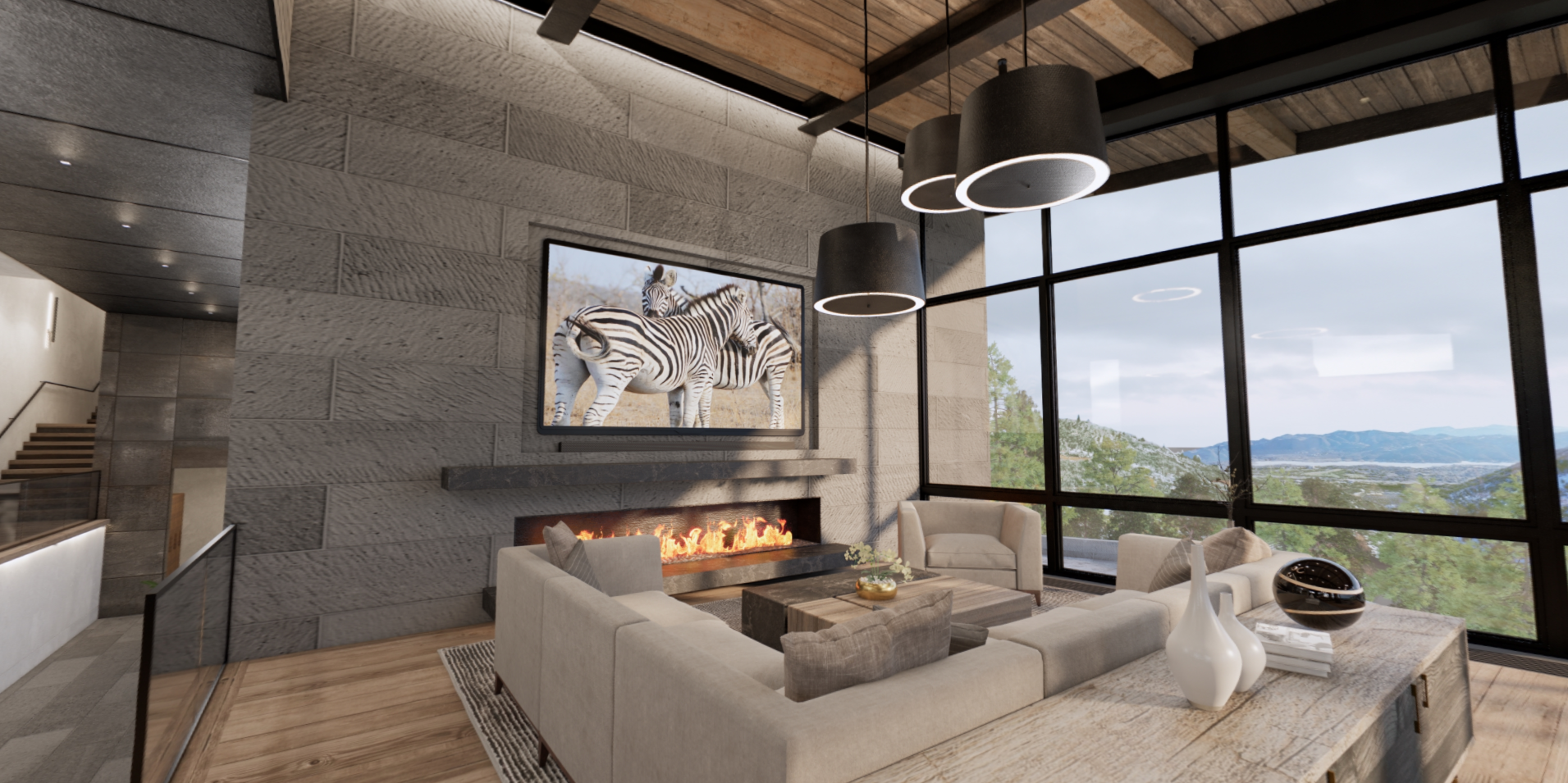 A living room with a fireplace and a flat screen tv on the wall.