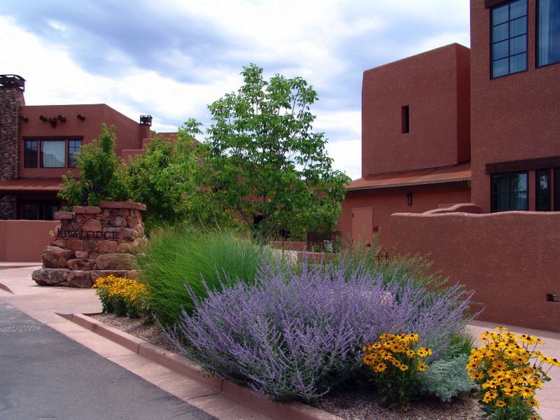 A red building with purple flowers in front of it