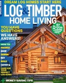 A log home is on the cover of a magazine called log & timber home living.