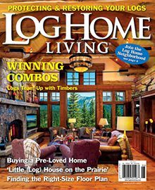 A log home living magazine with a living room on the cover