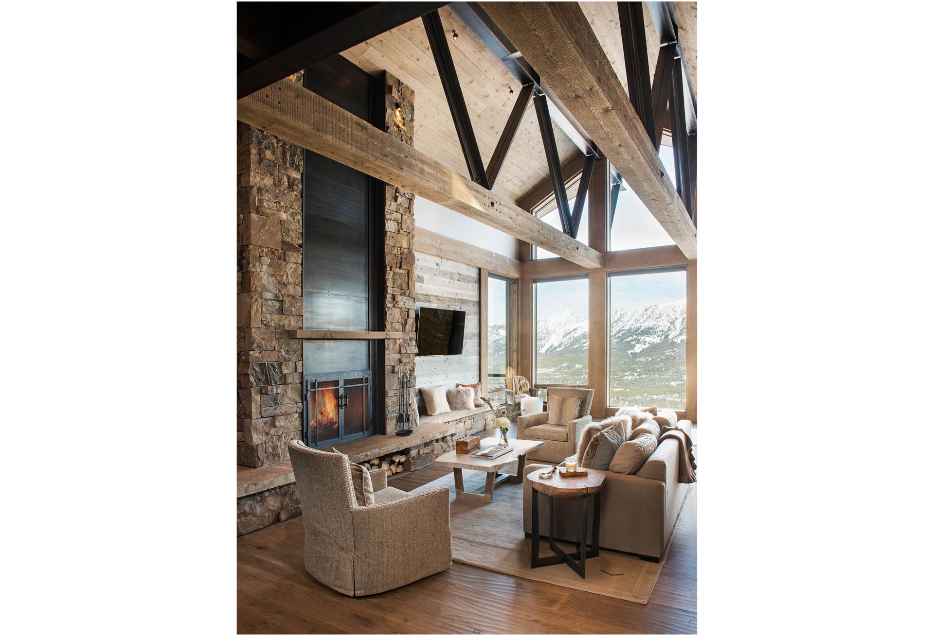 A living room filled with furniture and a fireplace.