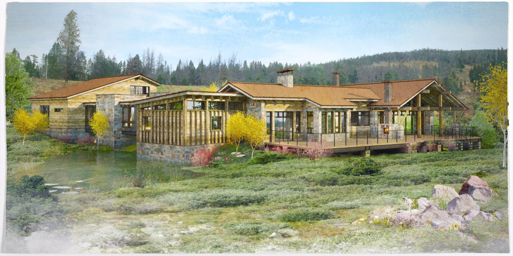 An artist's impression of a large house in the woods