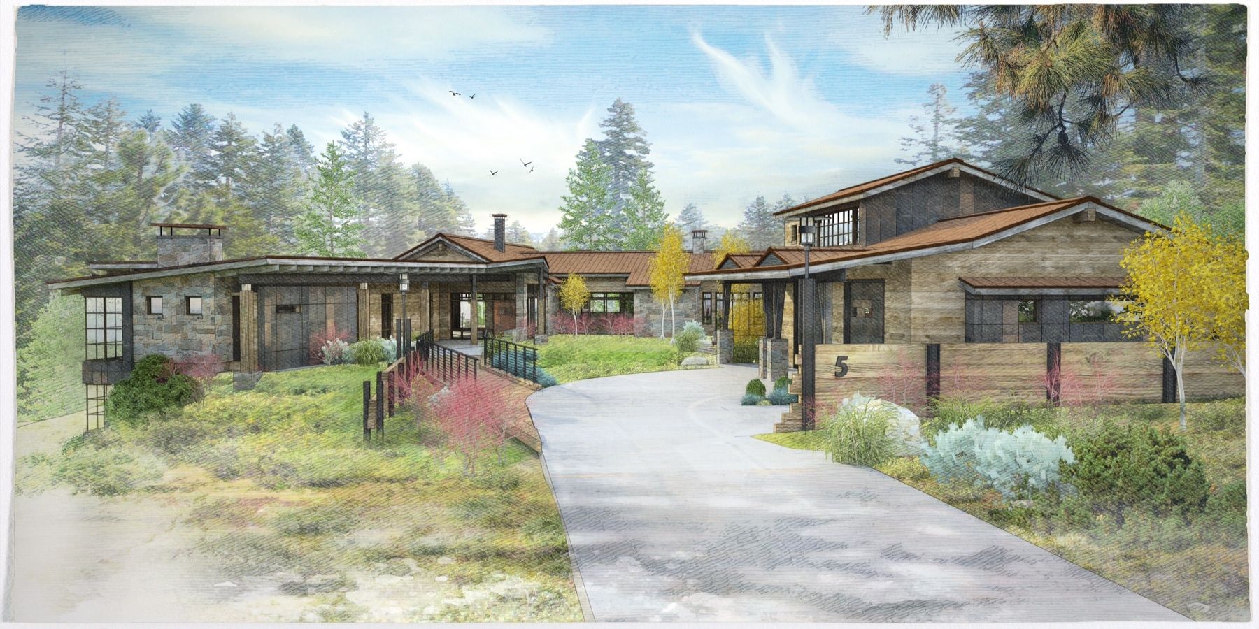 An artist 's impression of a house with a driveway leading to it.