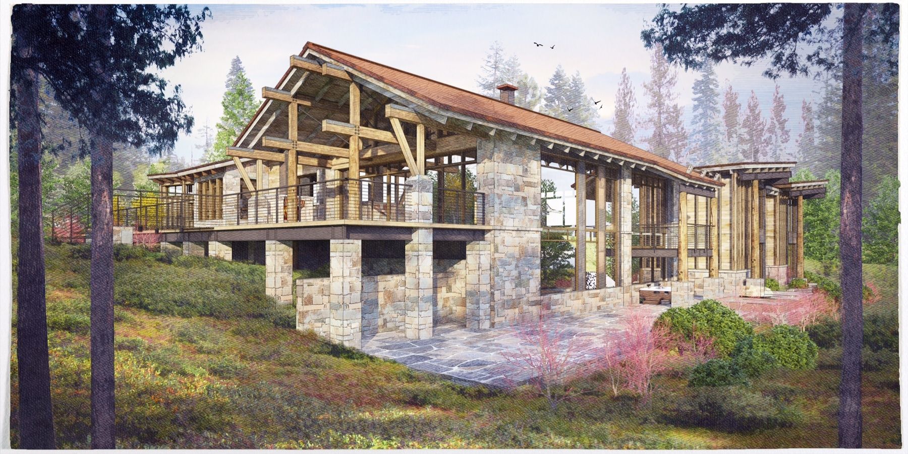 An artist 's impression of a house in the woods