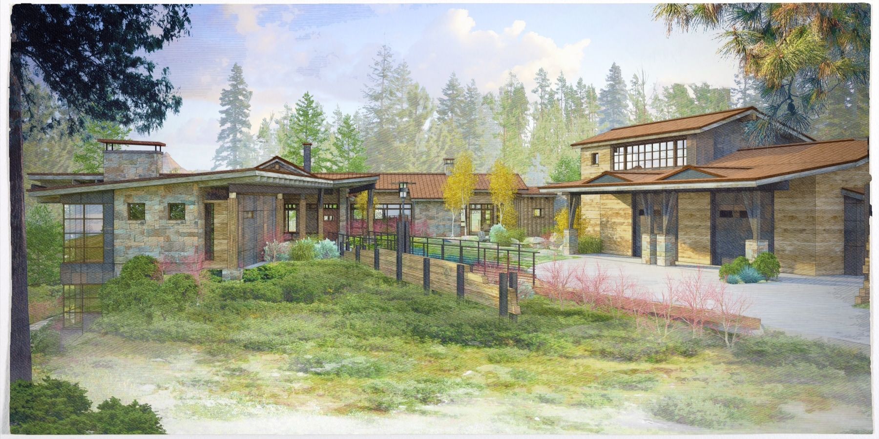 An artist 's impression of a house in the woods