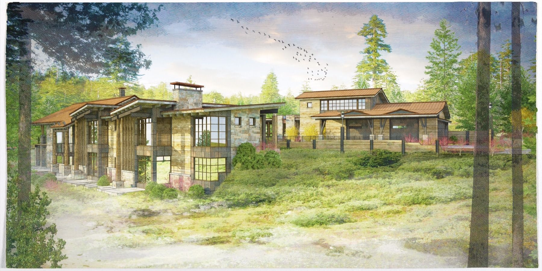 A painting of a house in the middle of a field