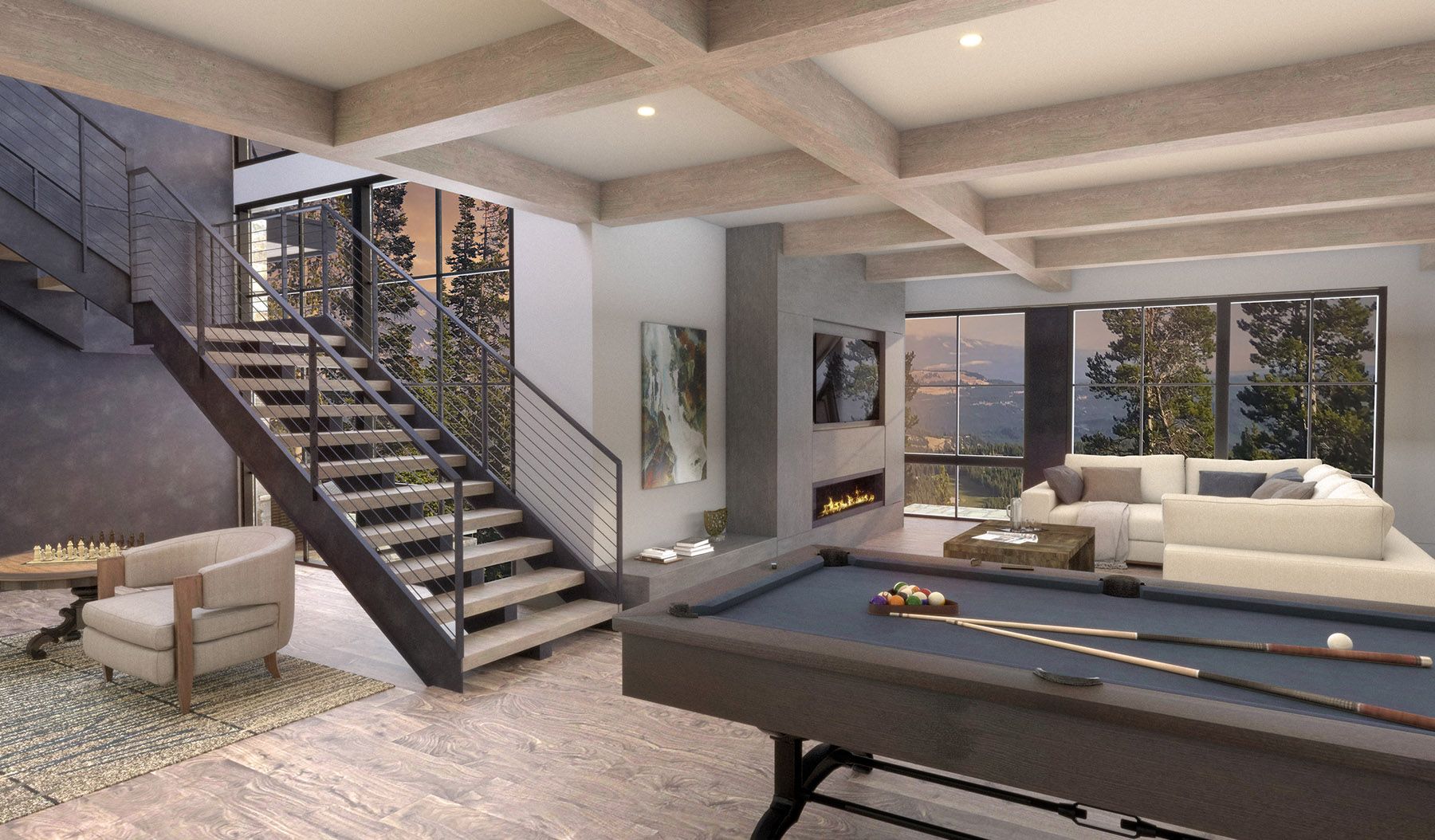 A pool table is in a living room next to a staircase.