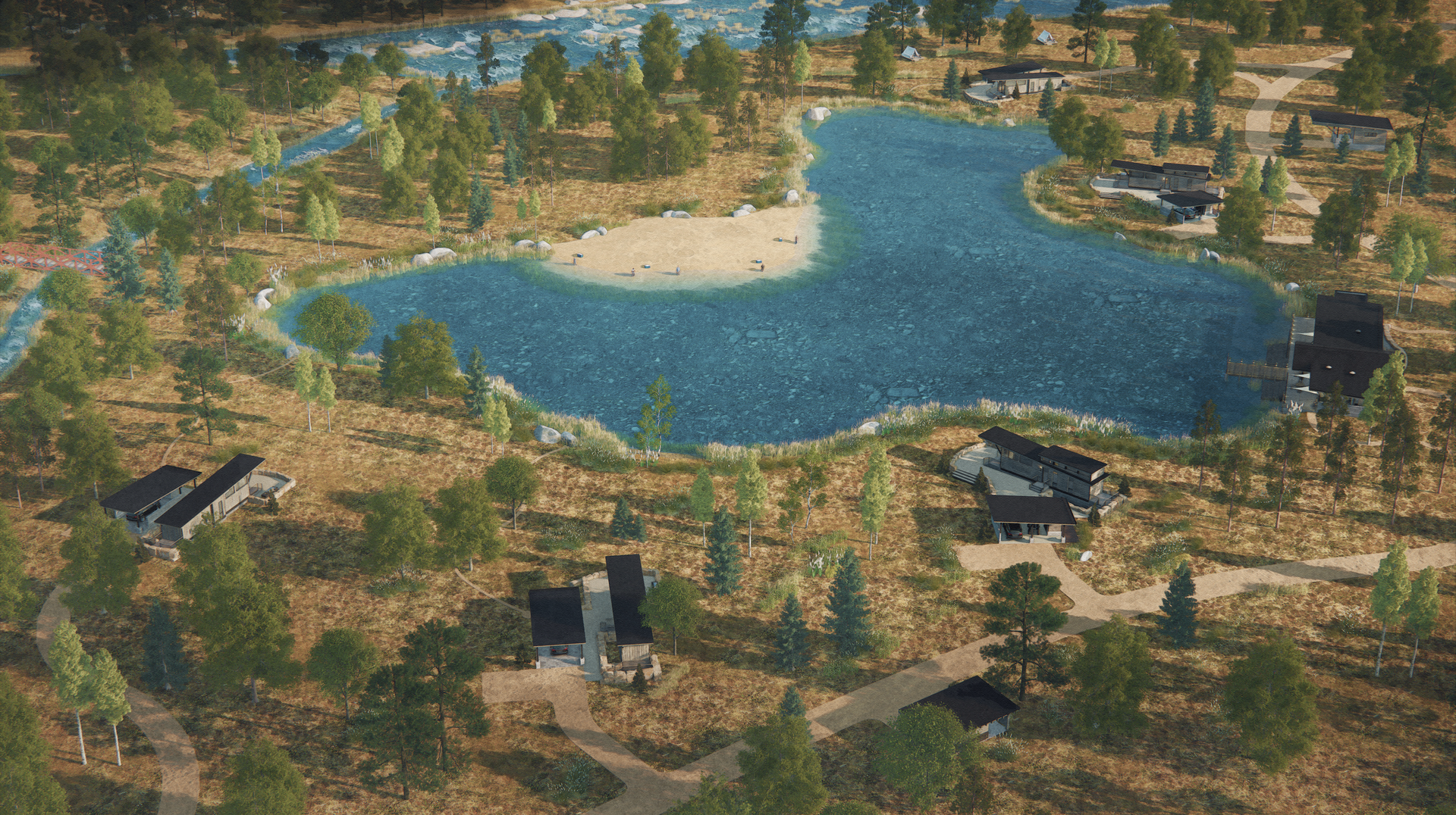 An aerial view of a lake surrounded by trees and houses.