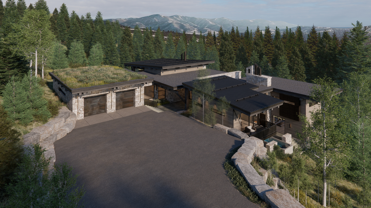An aerial view of a house with a green roof in the middle of a forest.