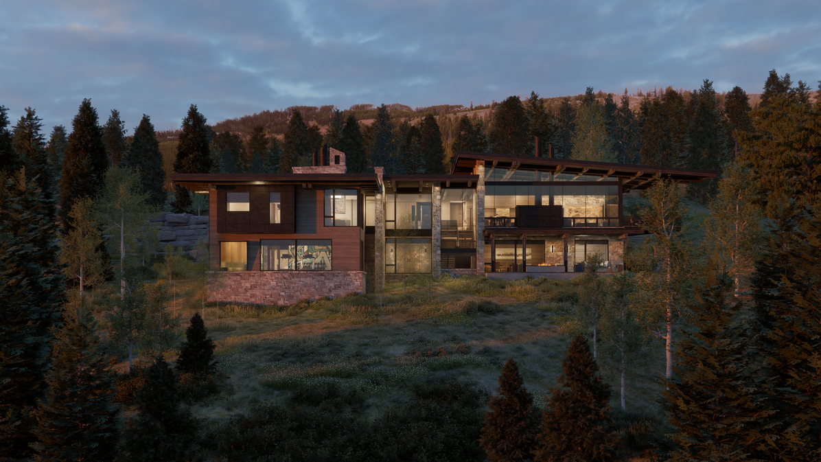 A large house is sitting on top of a hill in the middle of a forest.