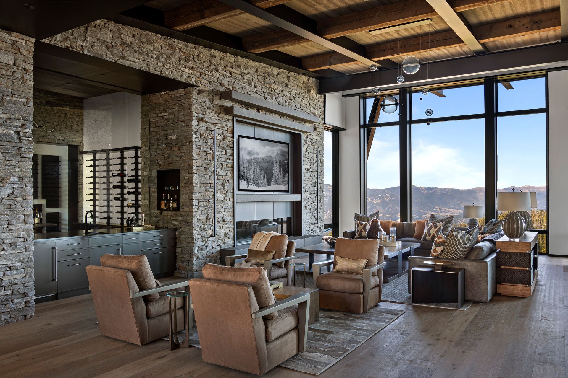 A living room filled with furniture and a fireplace.
