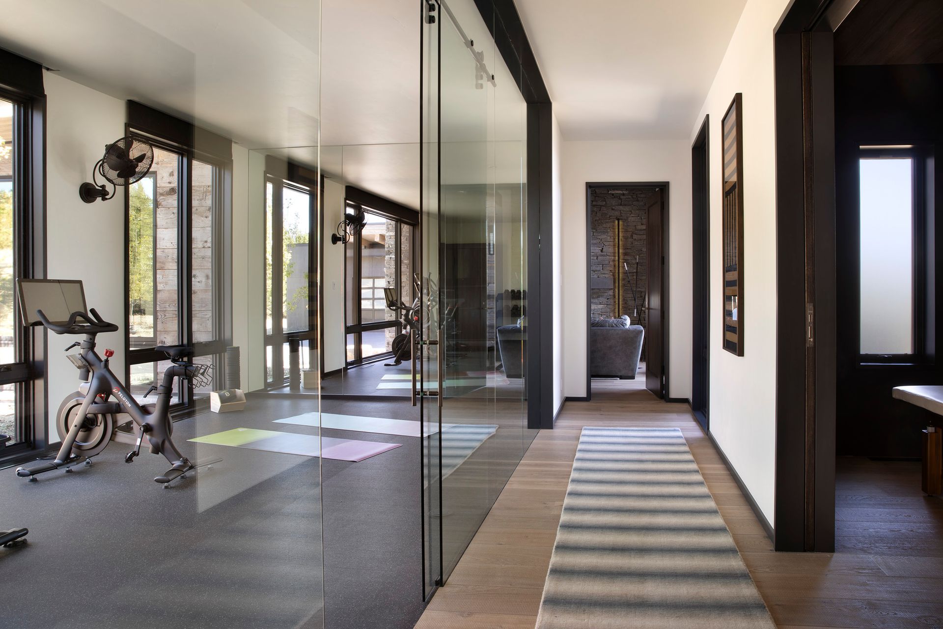 A hallway with a bicycle in the middle of it