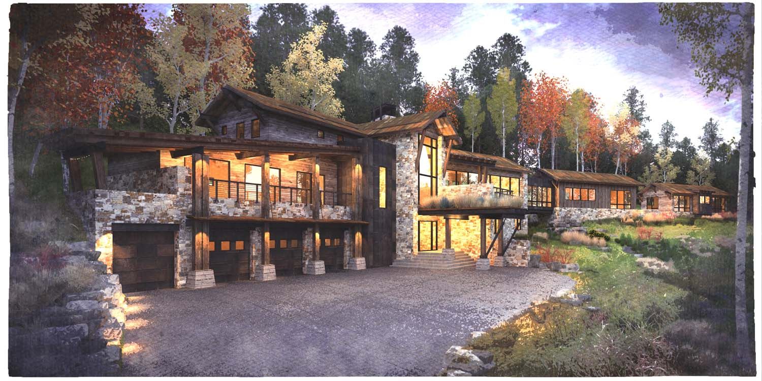 An artist 's impression of a large house in the woods