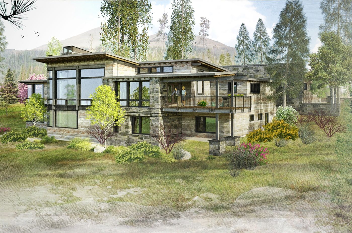 A large house with a lot of windows is surrounded by trees and grass.