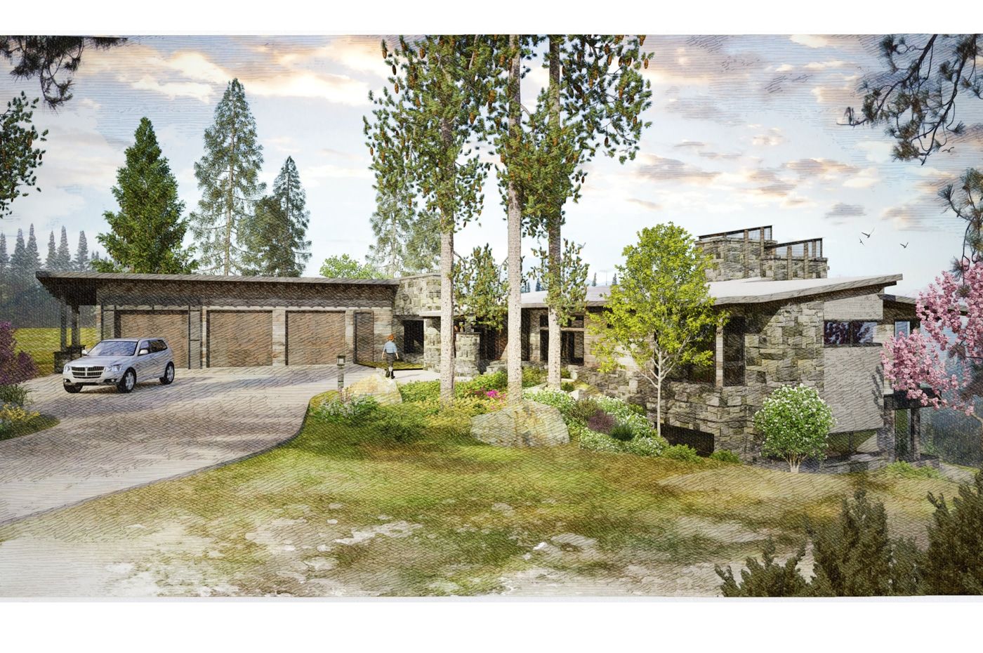 An artist 's impression of a house with a car parked in front of it.