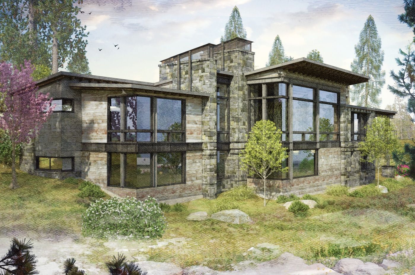 A large house with a lot of windows is sitting in the middle of a grassy field.