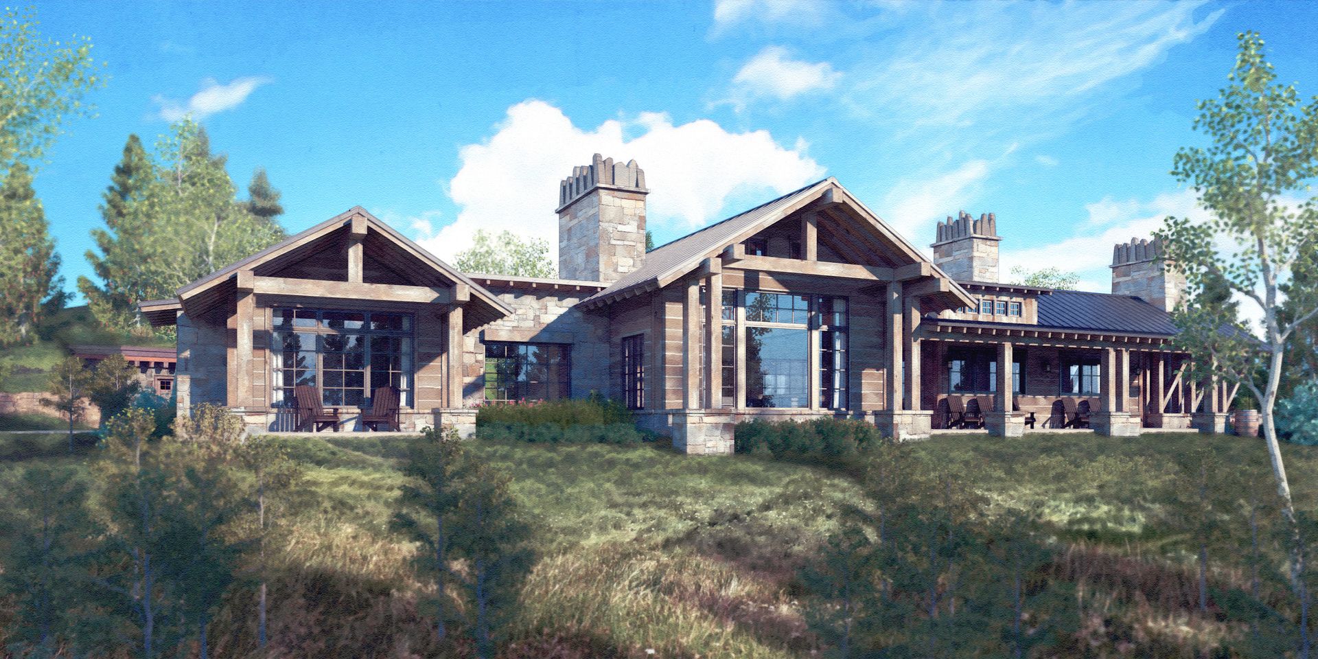 A large house is sitting on top of a grassy hill