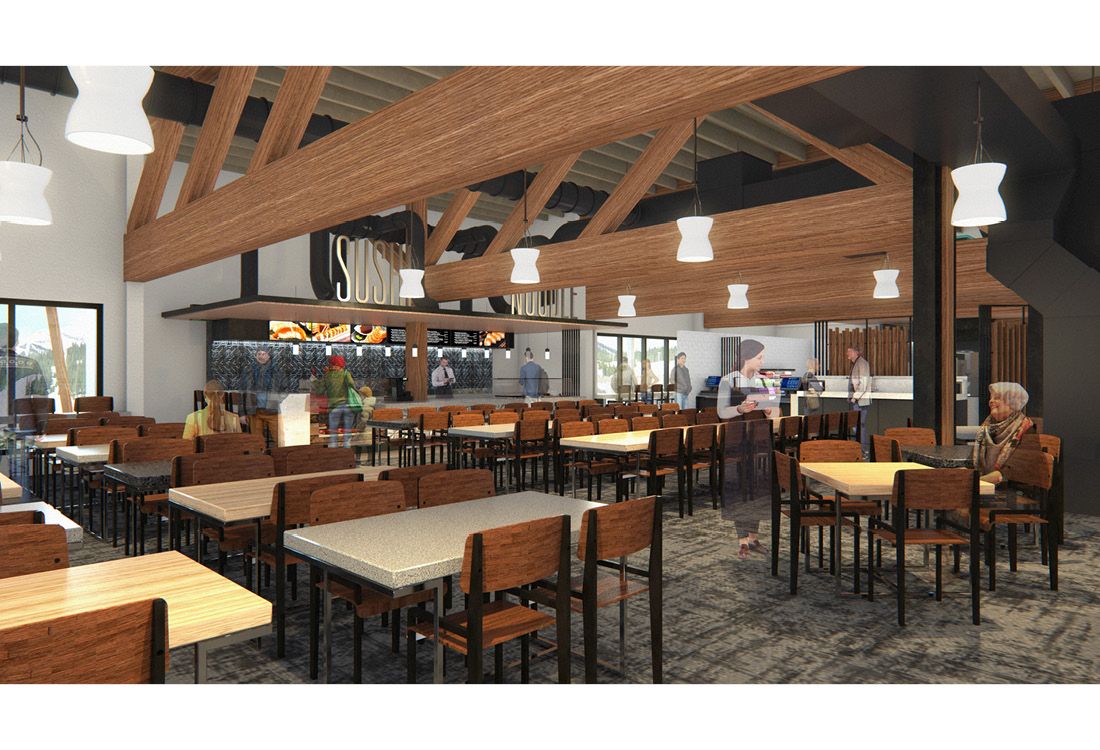 An artist 's impression of a restaurant with tables and chairs.