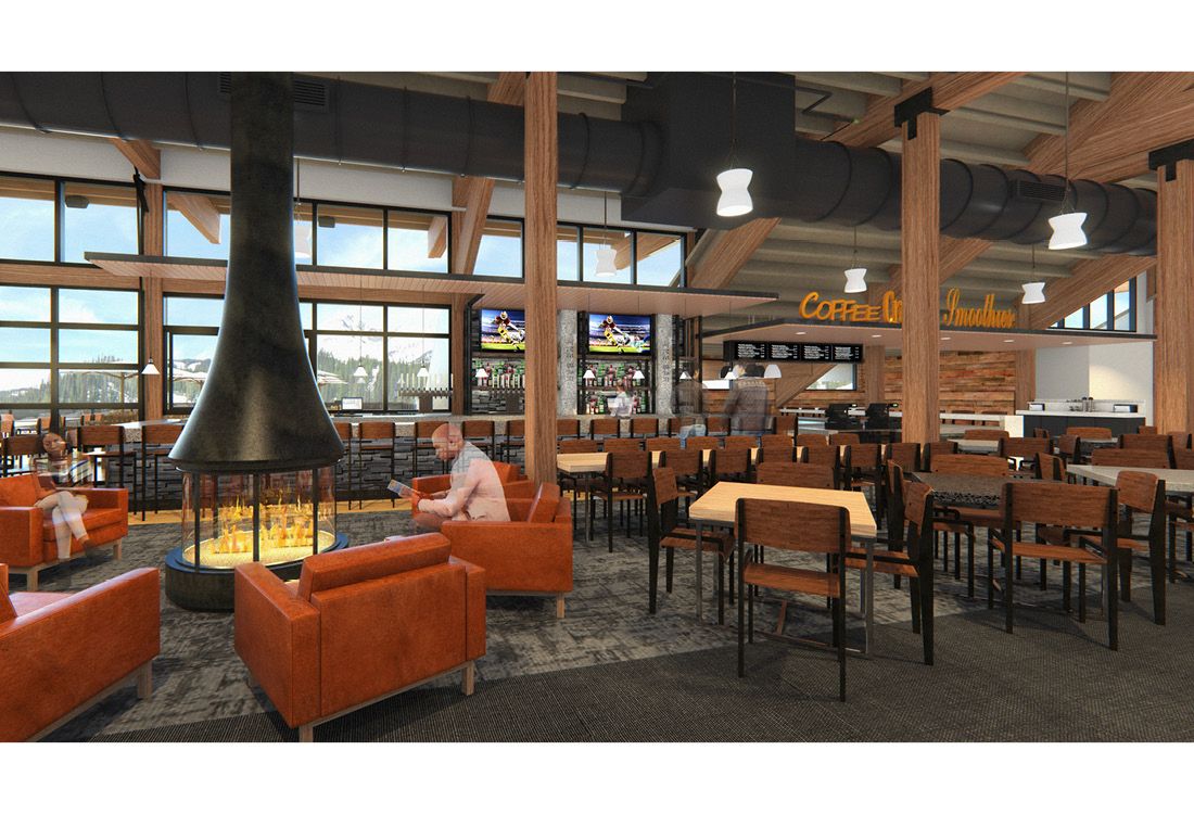 An artist 's impression of a restaurant with tables and chairs and a fireplace.