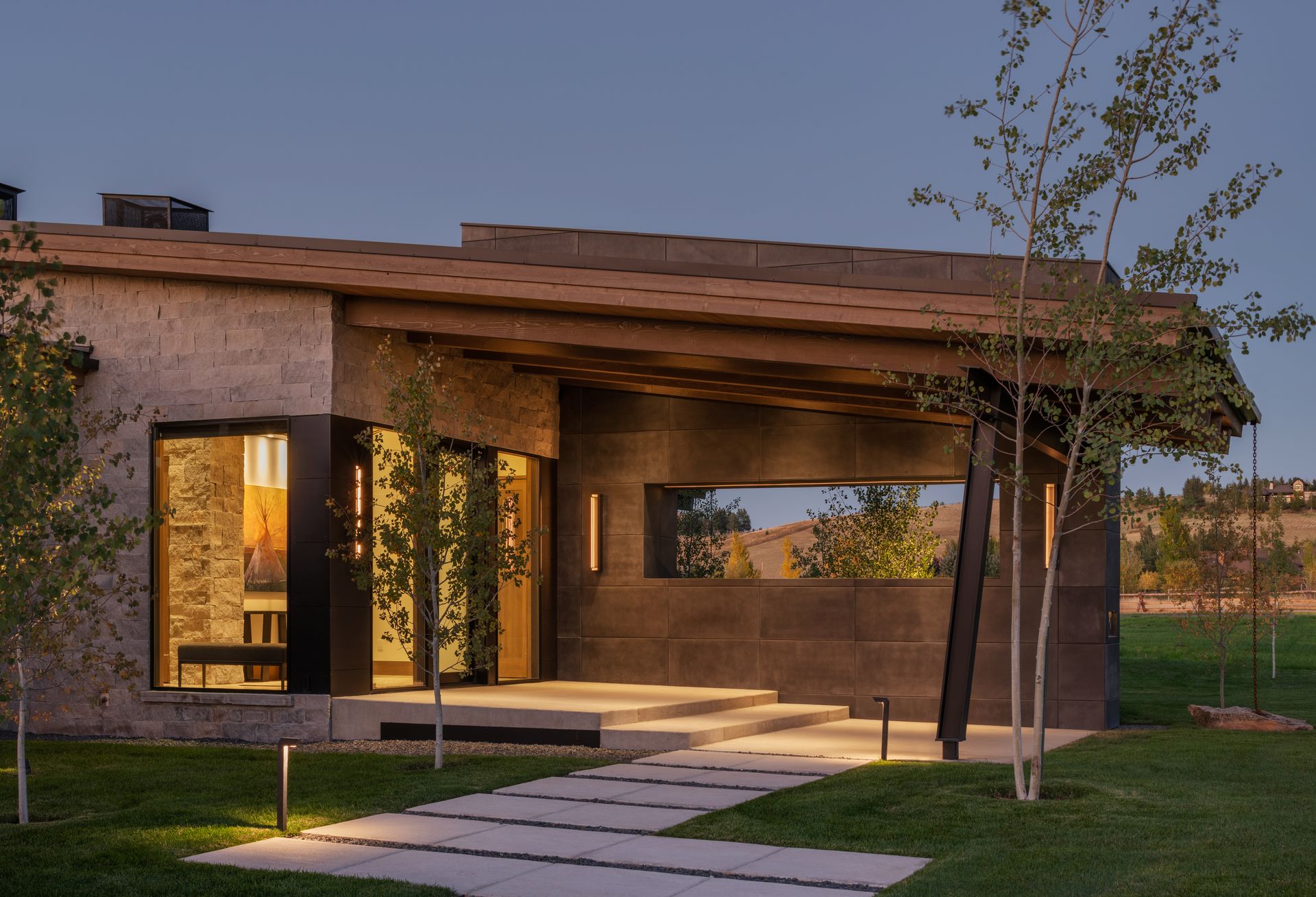 A house with a covered walkway leading to it