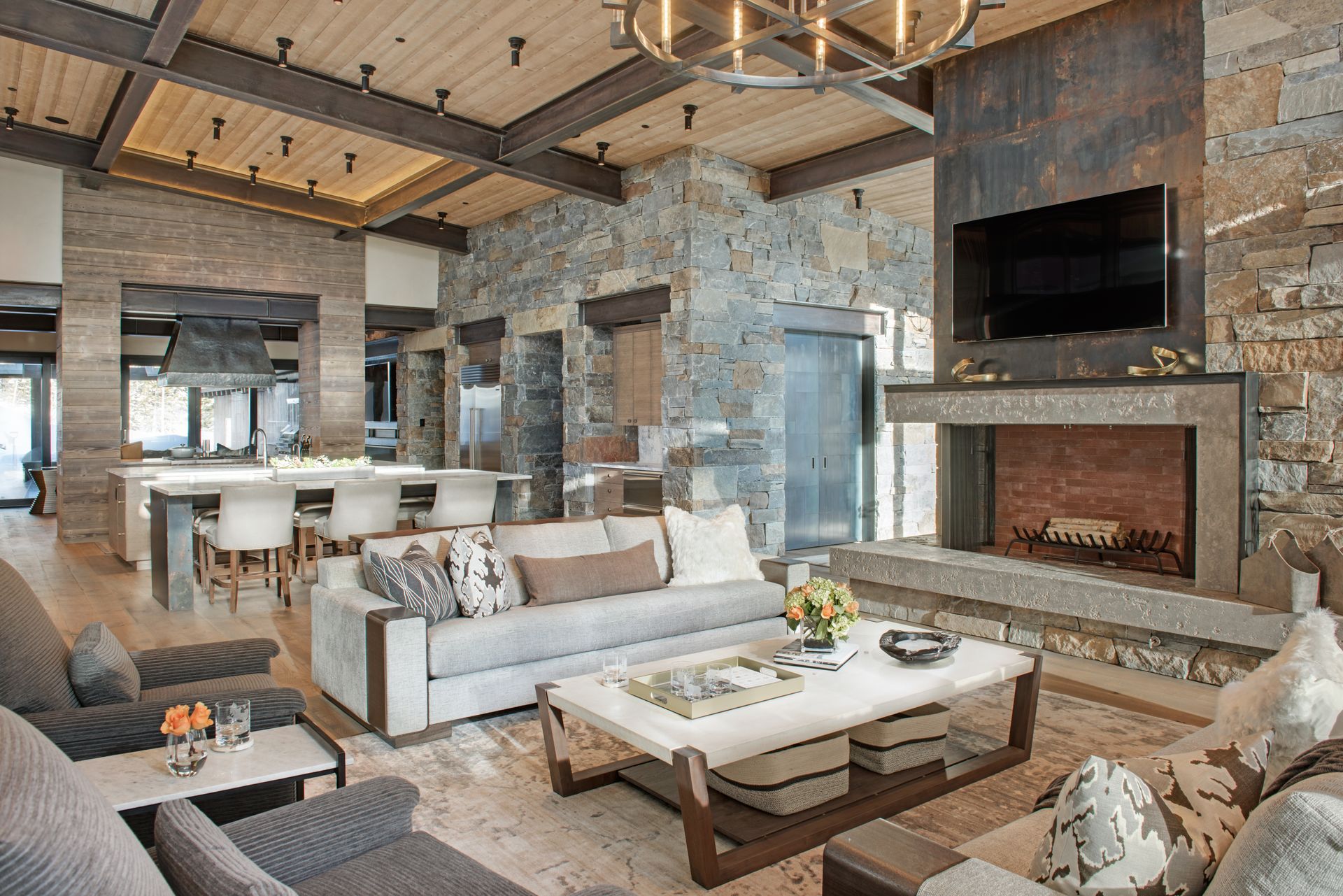 A living room filled with furniture and a fireplace.