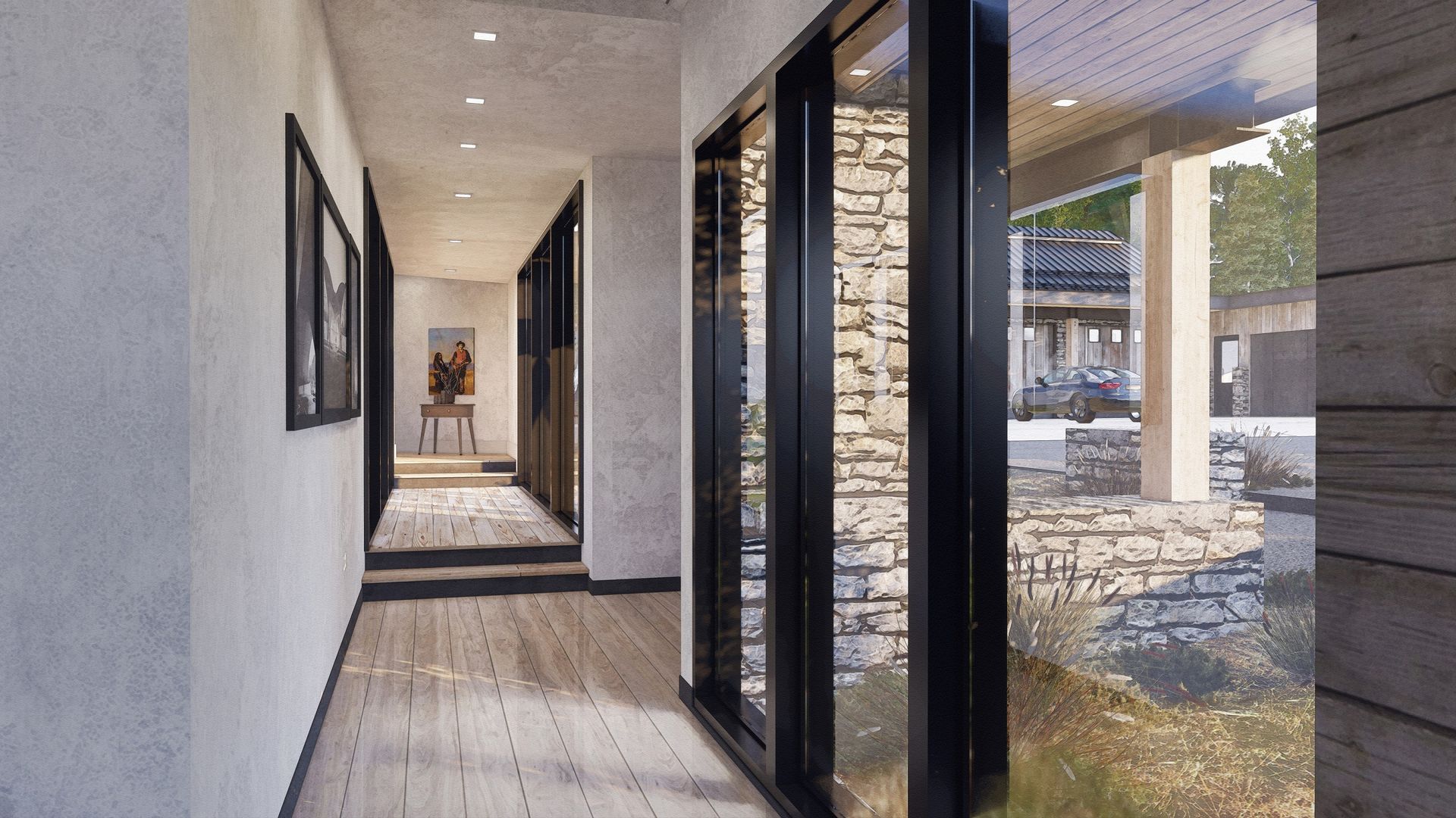 A long hallway with a lot of windows and doors