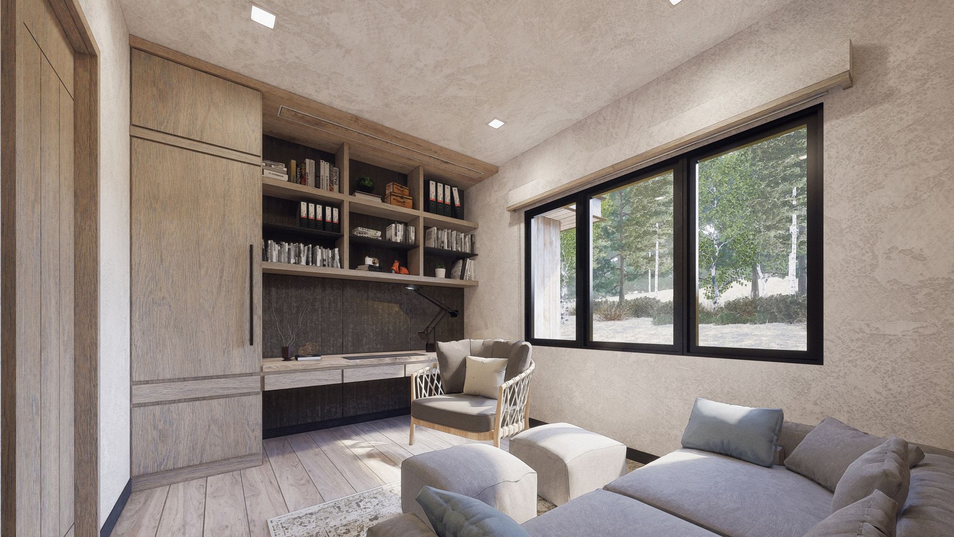 A living room with a couch , chair , desk and windows.