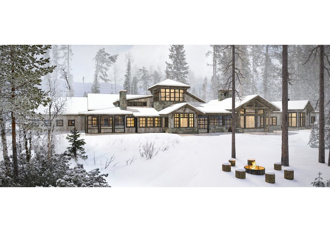 A large house in the middle of a snowy forest with a fire pit in front of it.
