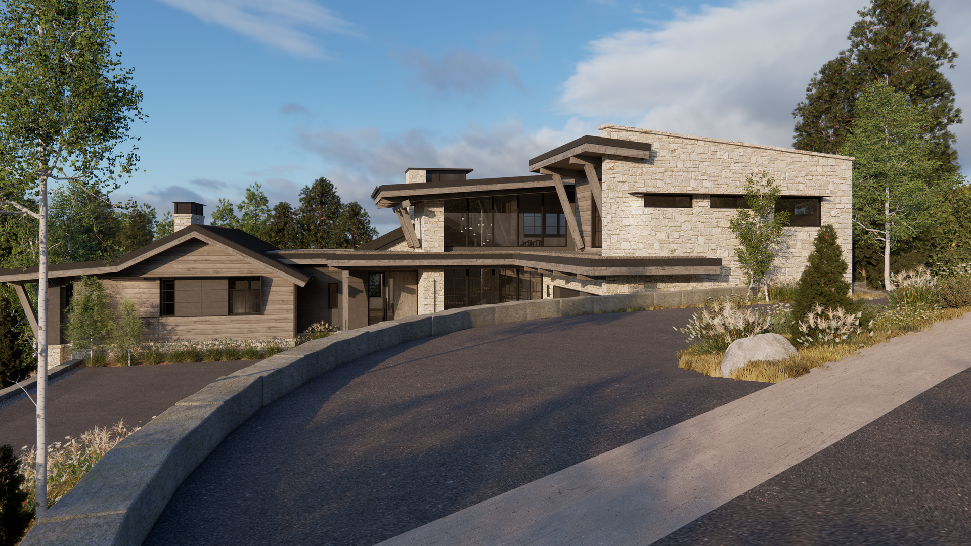 A large house is sitting on top of a hill next to a road.