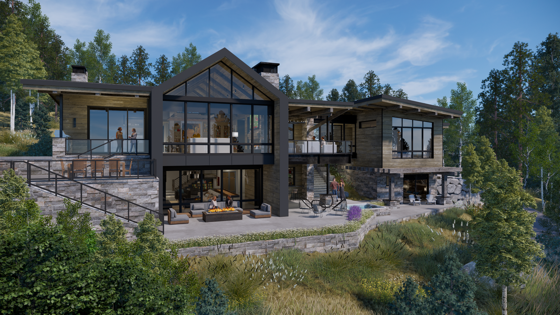 A large house with a lot of windows is sitting on top of a hill surrounded by trees.