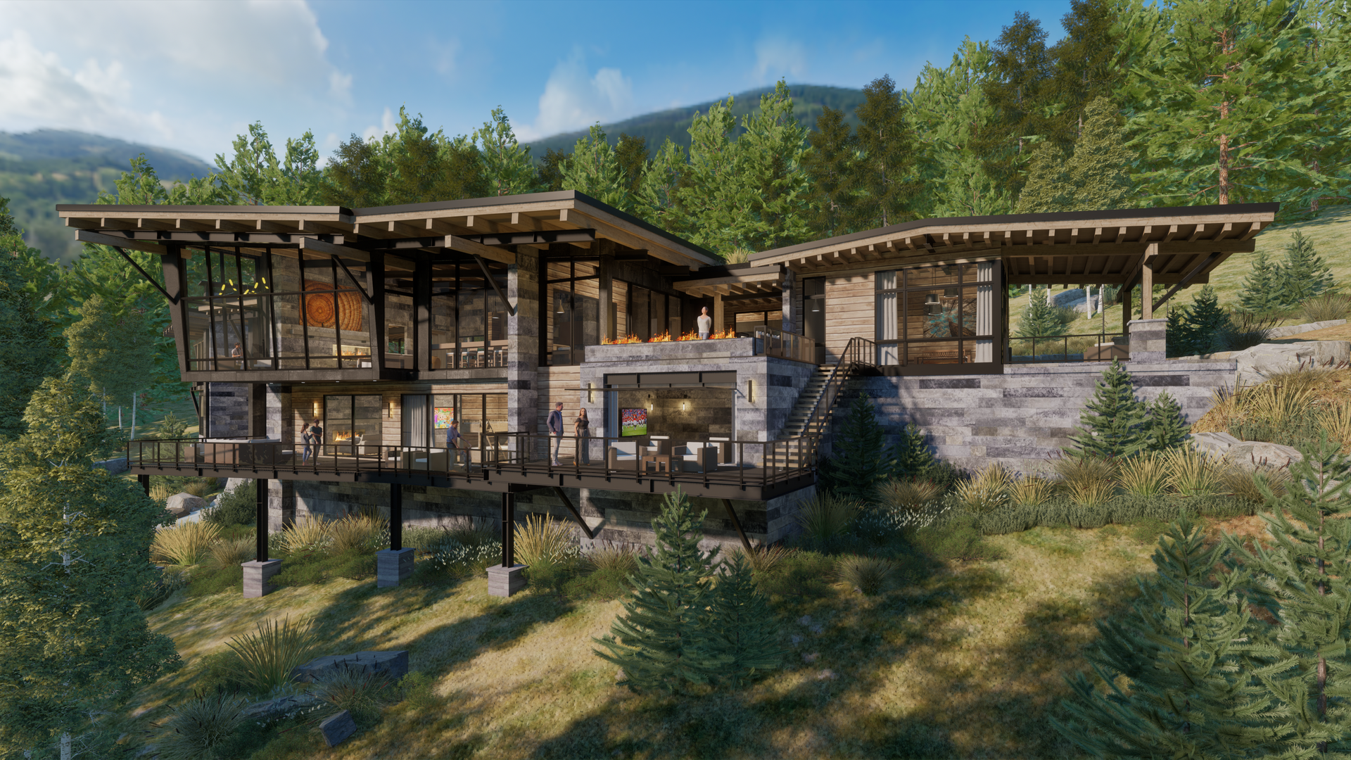 A large house is sitting on top of a hill in the middle of a forest.