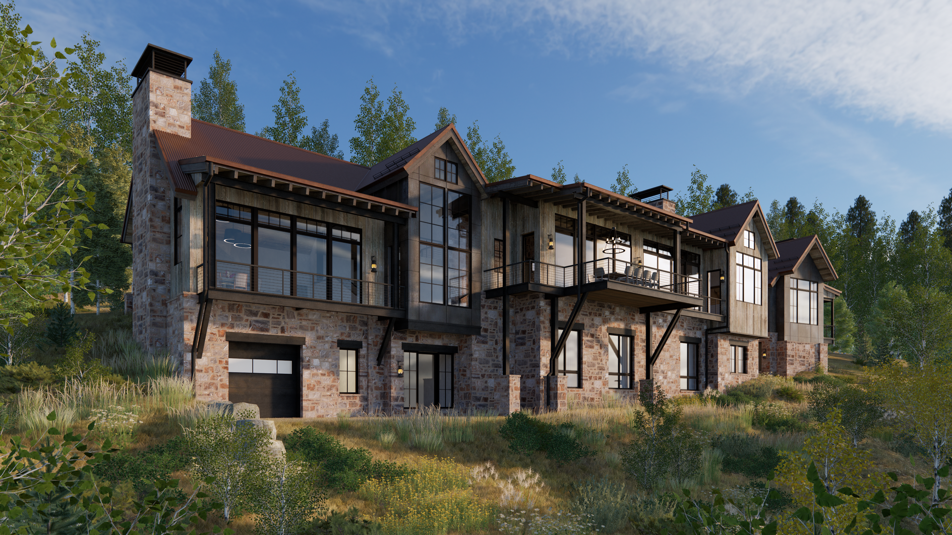 A large house is sitting on top of a hill surrounded by trees.