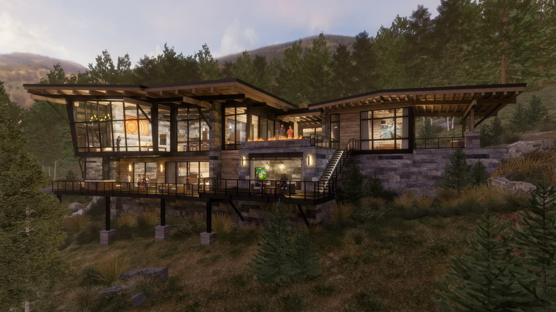 A large house is sitting on top of a hill in the middle of a forest.