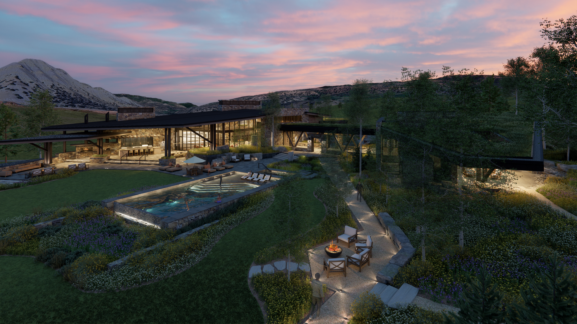 An artist 's impression of a large house with a swimming pool and a fire pit in the backyard.