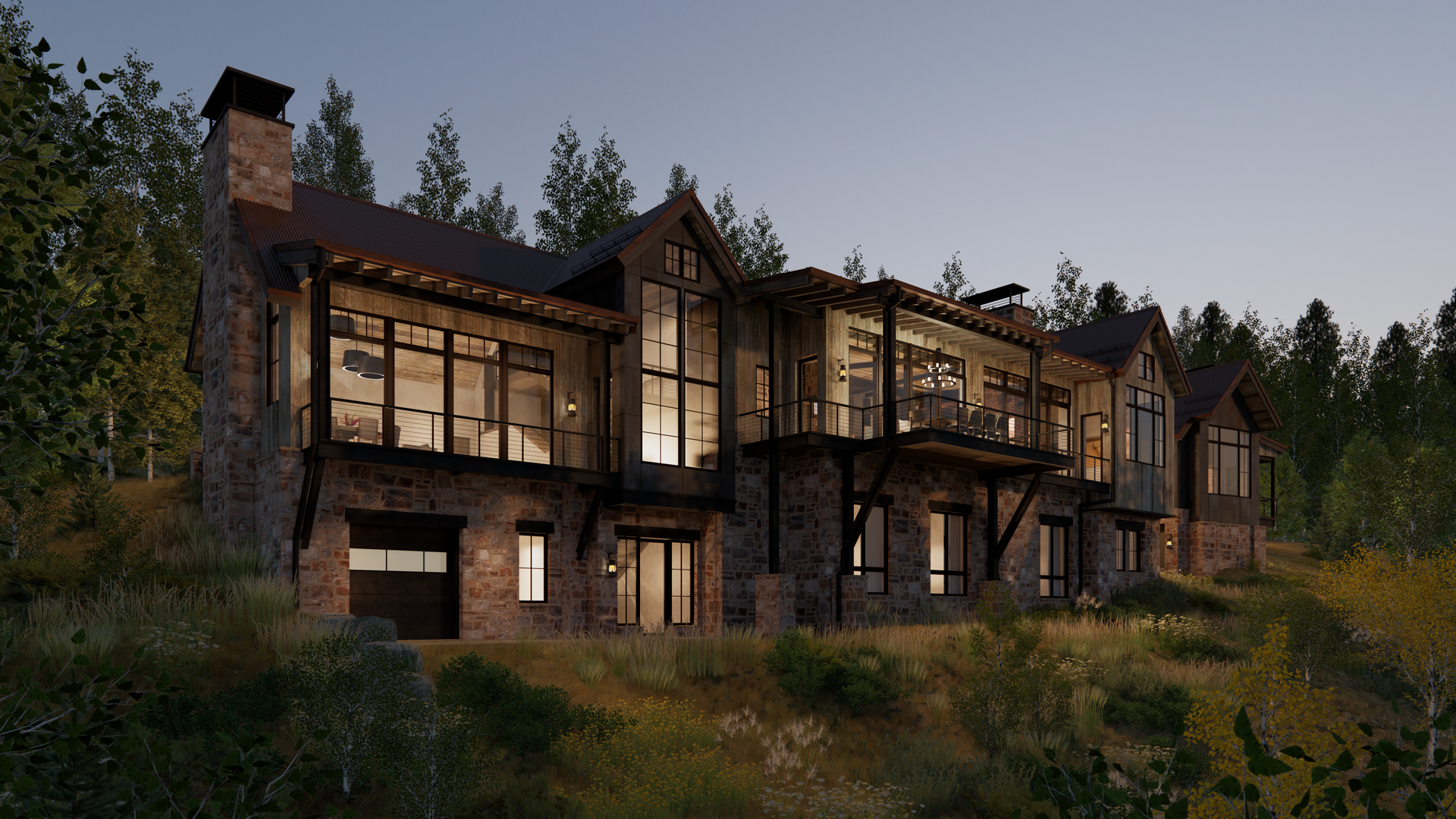 A large house is sitting on top of a hill in the middle of a forest.