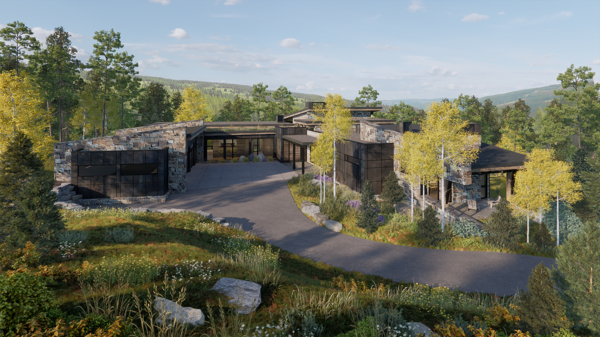 An artist 's impression of a large house in the middle of a forest.