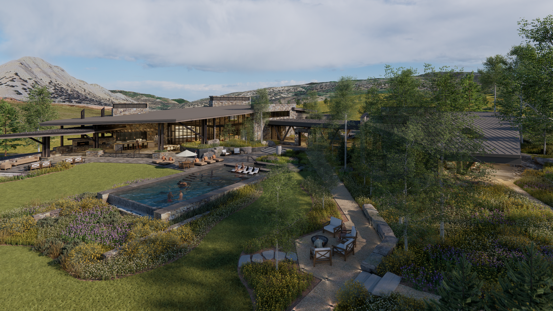 An artist 's impression of a large house with a swimming pool in the middle of a lush green field.