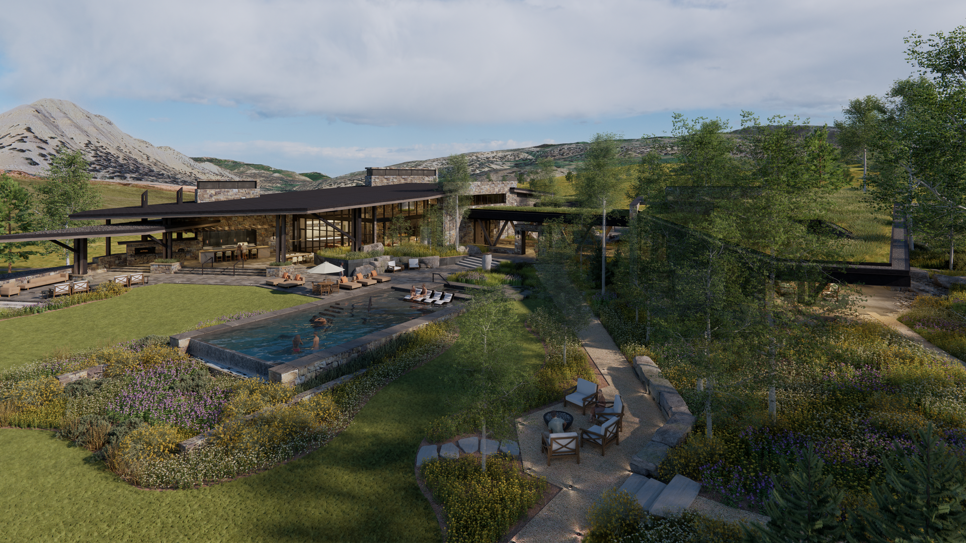 An artist 's impression of a large house with a swimming pool in the middle of a lush green field.