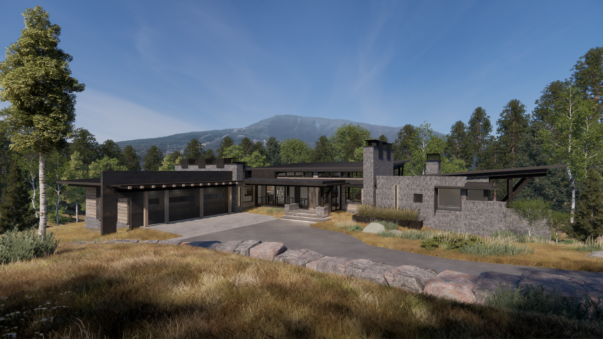 A large house is sitting on top of a hill in the middle of a forest.