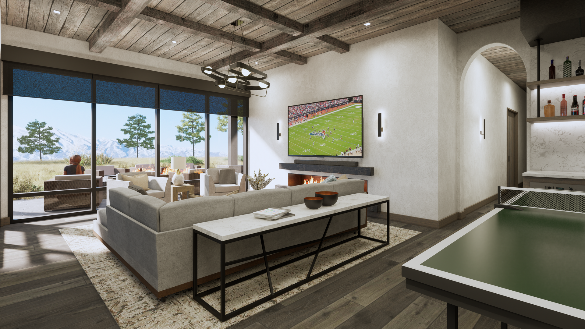 An artist 's impression of a living room with a ping pong table.