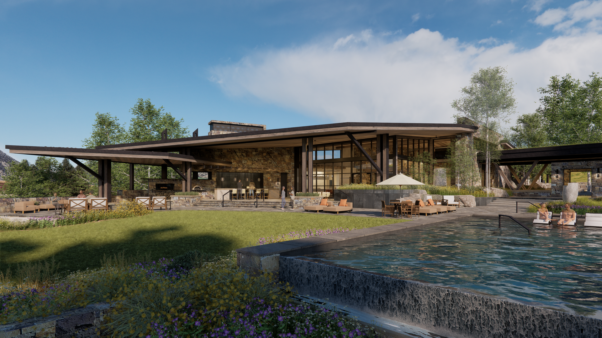 An artist 's impression of a large house with a pool in the backyard.