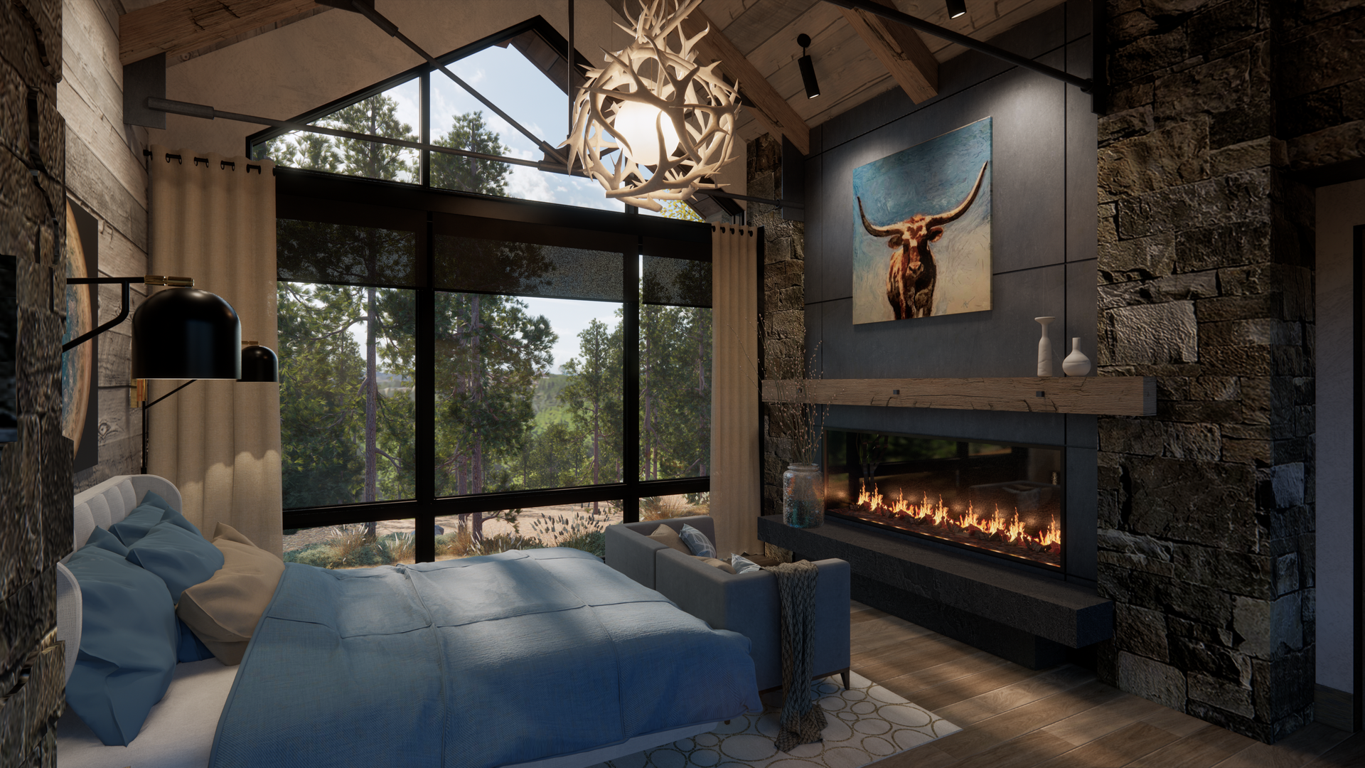 A bedroom with a bed , couch , fireplace and large windows.