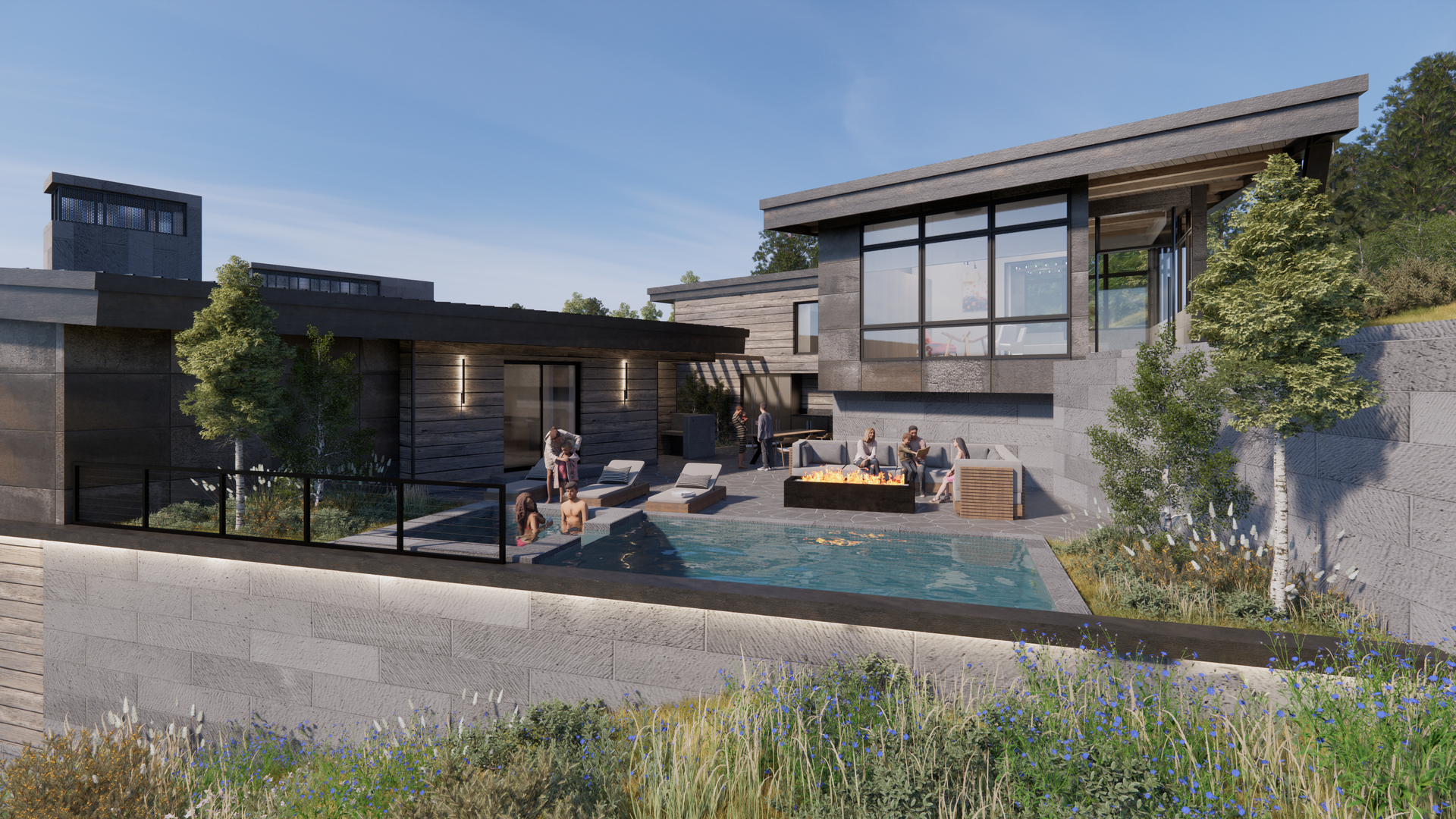 An artist 's impression of a modern house with a swimming pool.